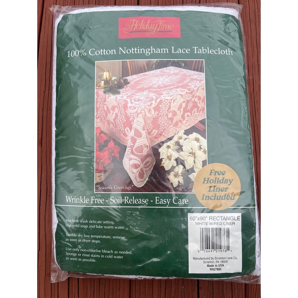 Vintage Holiday Time Cotton Nottingham Lace Tablecloth with Red Liner  60” X 90”